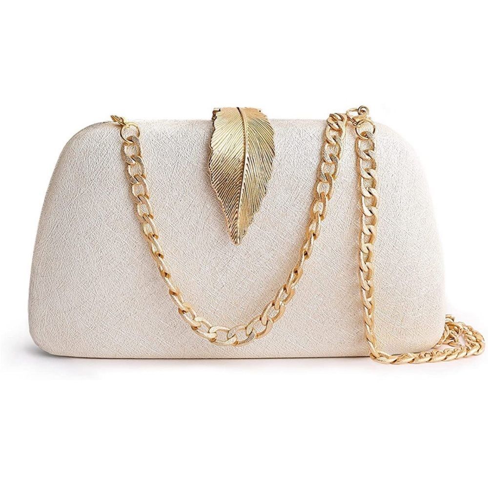 Ivory Evening Crossbody Clutch Purse with Gold Leaf Snap Luxury Vegan Leather - Picture 3 of 7